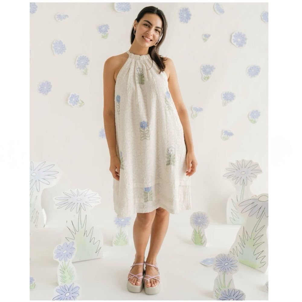 HARPER SAGE Women's XS Harper Wildflower Halter Dress Ivory White Floral Cotton